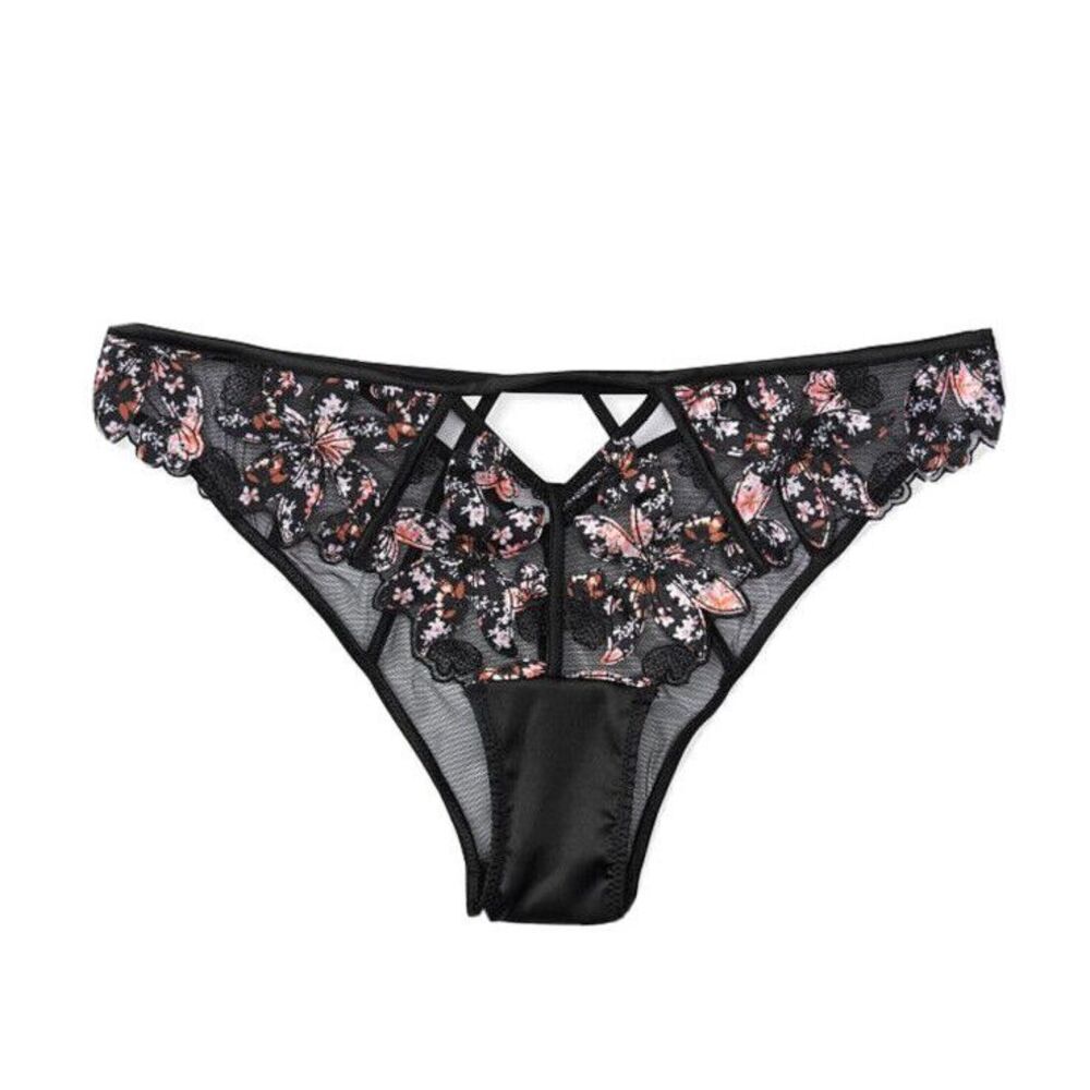 Victoria's Secret Very Sexy Embroidered & Mesh Floral Cheeky Panties Sz M Black